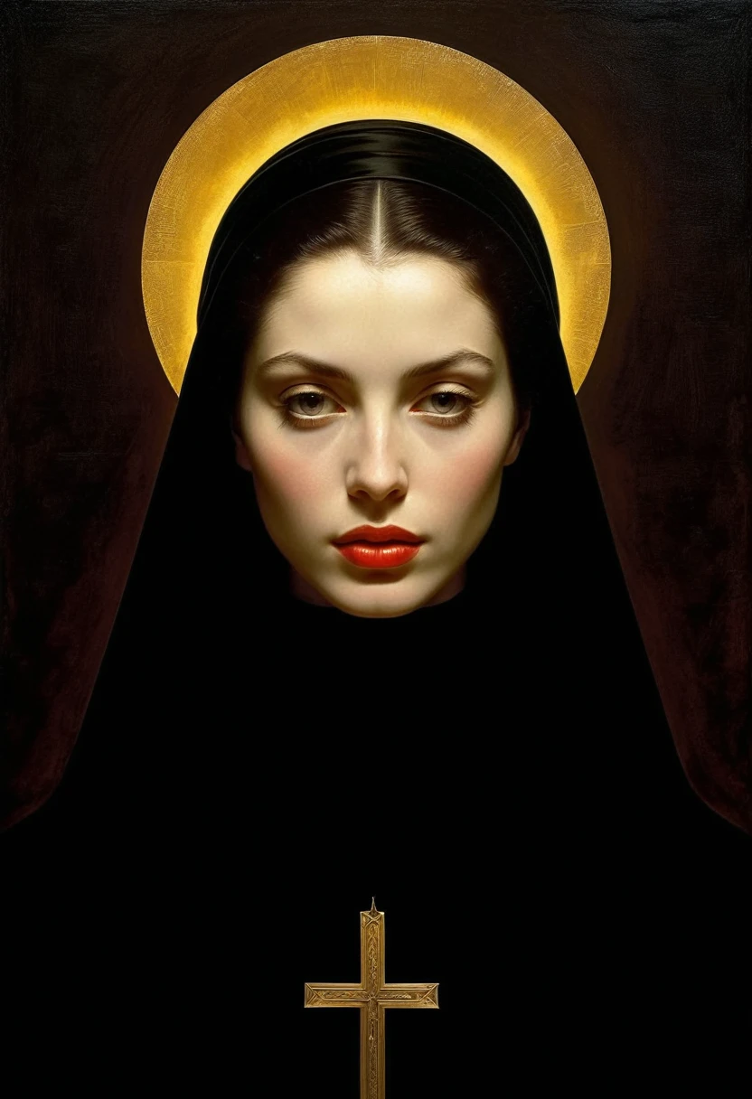 Iconic Lady in darkness sunny colors but extremely beautiful,masterpiece,religious, minimalist,mysterious hyperrealistic, Monochrome solid colors ,Gorgeous,sophisticated,by Michael Curtiz style,by caravaggio style,digital artwork by Beksinski