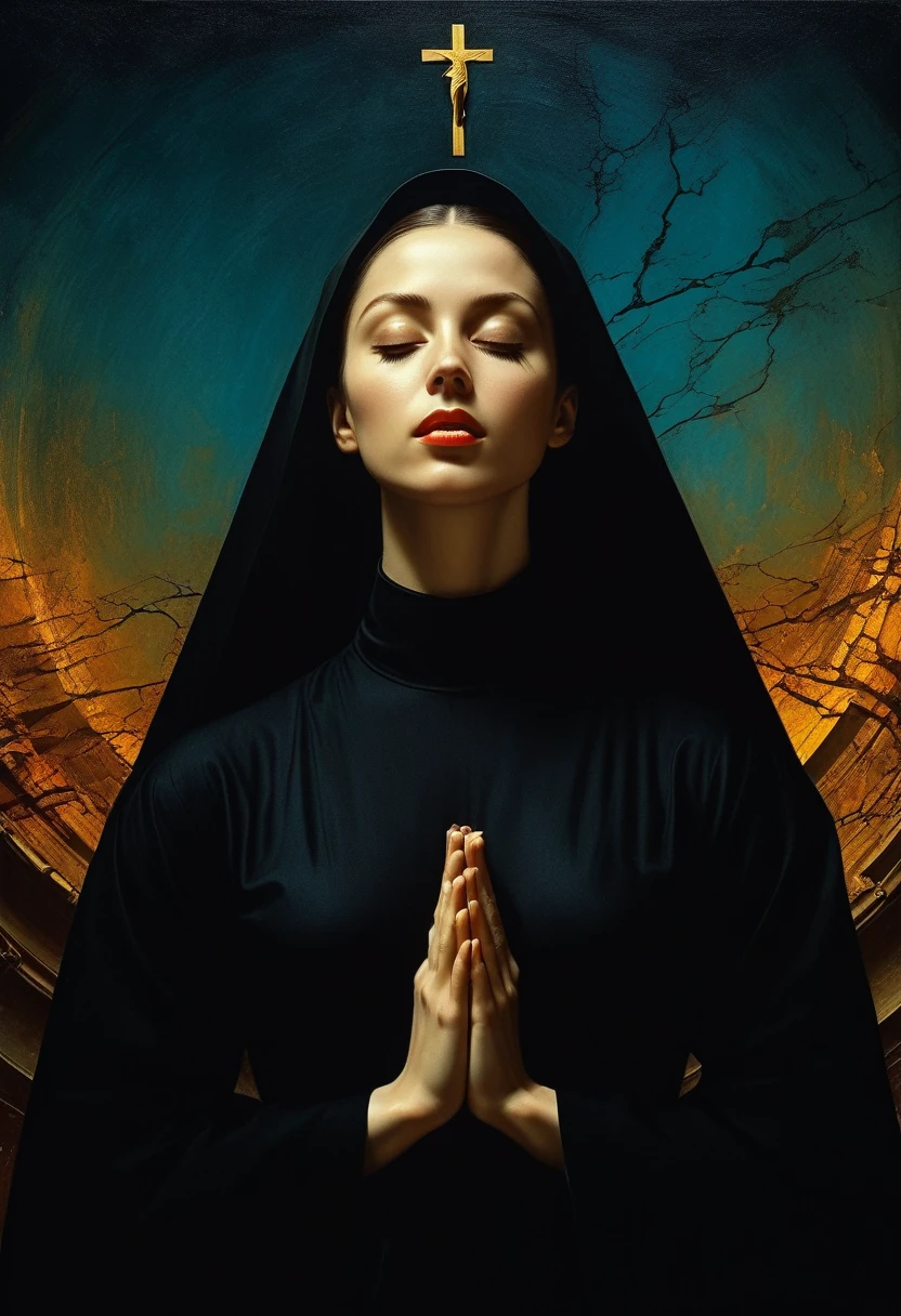 Iconic Lady in darkness sunny colors but extremely beautiful,masterpiece,religious, minimalist,mysterious hyperrealistic, Monochrome solid colors ,Gorgeous,sophisticated,by Michael Curtiz style,by caravaggio style,digital artwork by Beksinski