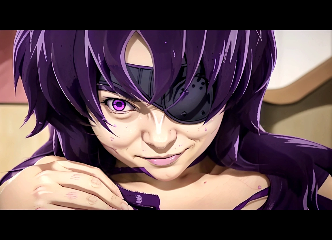 a woman with purple hair and purple eyes is staring at something, mirai nikki, smug smirk, cinematic | | very anime!!!, nefarious smirk, anime”, cinematic | | very anime, anime style”, shalltear from overlord, minene uryuu, anime opening, roguish smirk, menacing look, giddy smirk