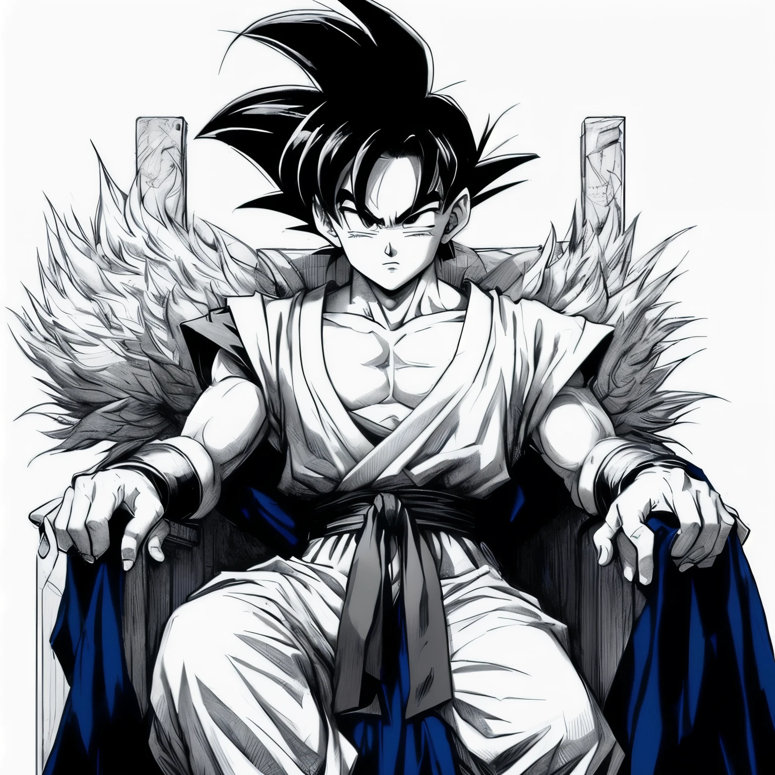 a drawing of a young Gohan sitting on a throne, Son Goku, portrait of Goku, Goku from dragon ball, goku from dragon ball z, highly detailed portrait of Goku, Goku portrait, Goku as an asian man, goku from dragonball z, by Akira Toriyama, Goku, black and white manga style, sitting on a stone throne, human goku