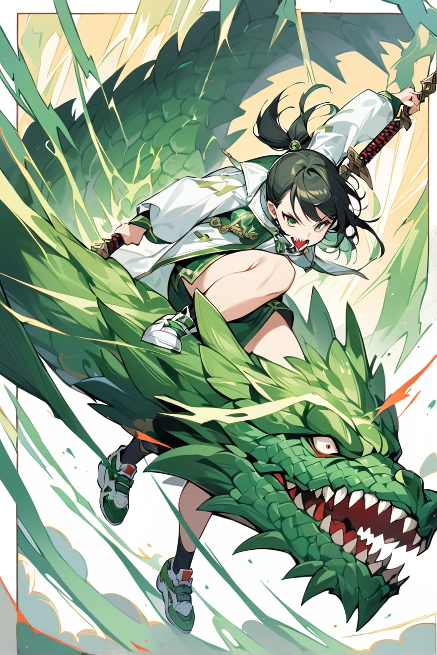 (Artwork, Highest quality, Facial details, Very redundant, Advanced Details, Highest quality, High resolution, 8K) frontを向いている、Green Hair、Her hair is short、small breast、upright stance、full body、Fighter、Uniform、Chinese Knight、Chinese style、White background、Simple Background、 exposure、China dress、pants、band、front、White clothes、Kung Fu、slender