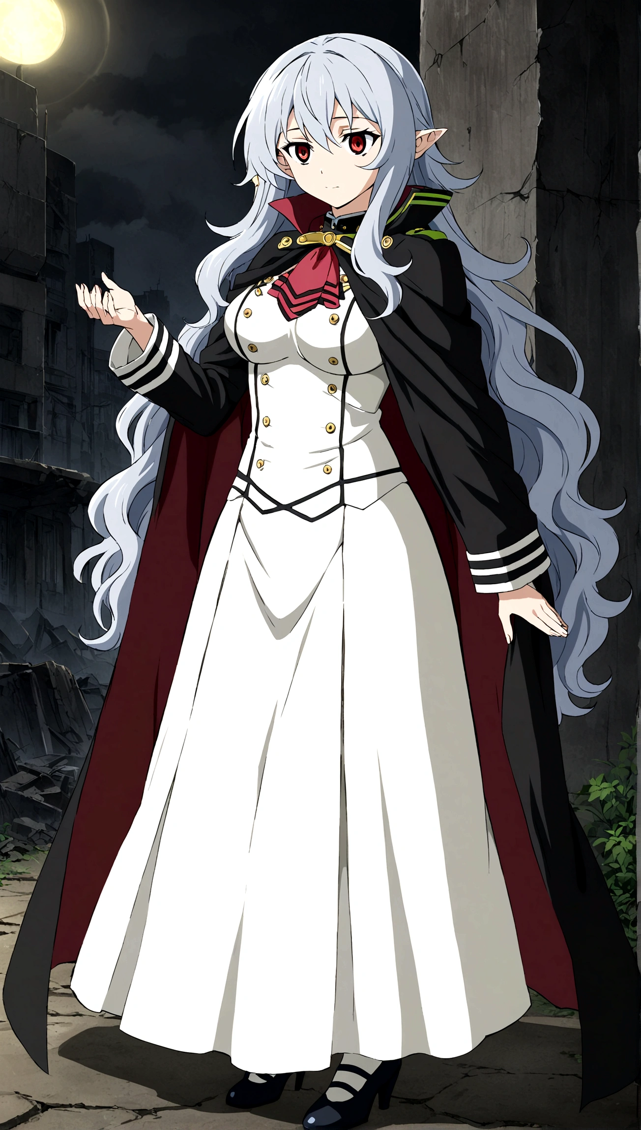 Anime. Owari no Seraph. 1 Girl. Expensive . A vampire. Clumsy. Progenitor. Silver hair. Wavy hair. Long hair. Red eyes. Beautiful eyes. Perfect eyes. Expressive eyes. Ideal face. Perfect body. Beautiful long ones. legs. Beautiful nose. 18 years. Big breasts. Standing. Full height. Beautiful character design. Shiny skin. Pointy ears. White dress. Vampire uniform dress from Owari no Seraph. Black stockings. She's drunk. She hiccups. She covers her mouth with her hand while hiccupping. "Hic..sorry..hic!!" she says hiccupping. Heeled shoes. Ruins of Tokyo. Whole body. NSF. Official art. Extremely detailed CG Unity 8k wallpaper. Ideal lighting. Ultra high resolution 4K. Super detailed 8K. A high resolution.