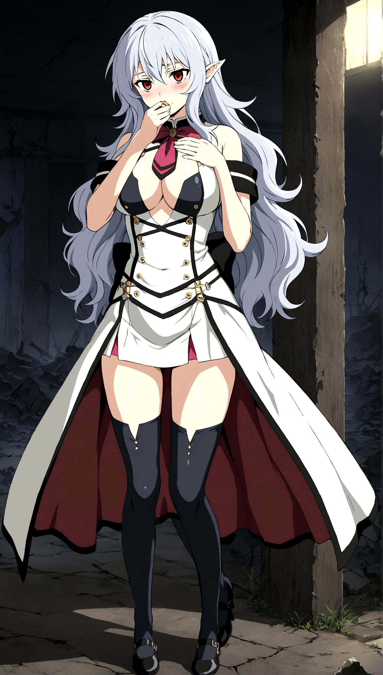 Anime. Owari no Seraph. 1 Girl. Expensive . A vampire. Clumsy. Progenitor. Silver hair. Wavy hair. Long hair. Red eyes. Beautiful eyes. Perfect eyes. Expressive eyes. Ideal face. Perfect body. Beautiful long ones. legs. Beautiful nose. 18 years. Big breasts. Standing. Full height. Beautiful character design. Shiny skin. Pointy ears. White dress. Vampire uniform dress from Owari no Seraph. Black stockings. She's drunk. She hiccups. She covers her mouth with her hand while hiccupping. "Hic..sorry..hic!!" she says hiccupping. Heeled shoes. Ruins of Tokyo. Whole body. NSF. Official art. Extremely detailed CG Unity 8k wallpaper. Ideal lighting. Ultra high resolution 4K. Super detailed 8K. A high resolution.