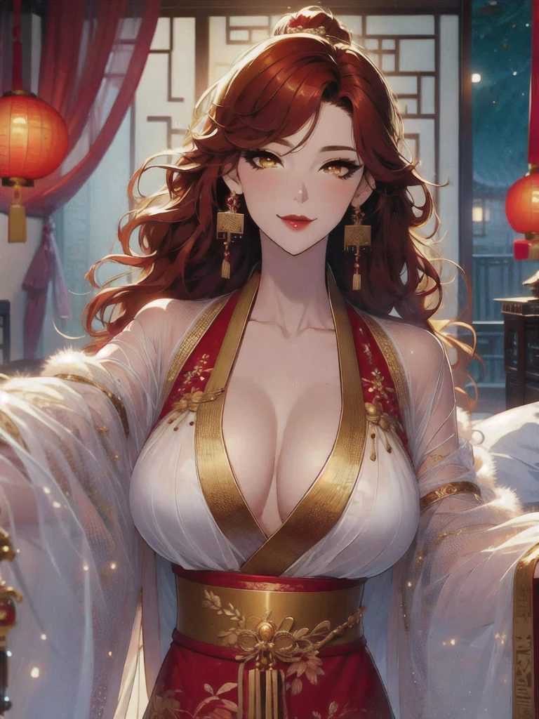 UHD, Textured Skin, High Detail, Anatomically Correct, SOLO, 1 Female, Xian mei, Custom Gold Eyes, Long Red Curly Hair, Jewelry, Round, Big Breasts, Perfect Anatomy, Traditional Chinese Room, Nudity, Nudity, Sexy, Hot, stars at night,