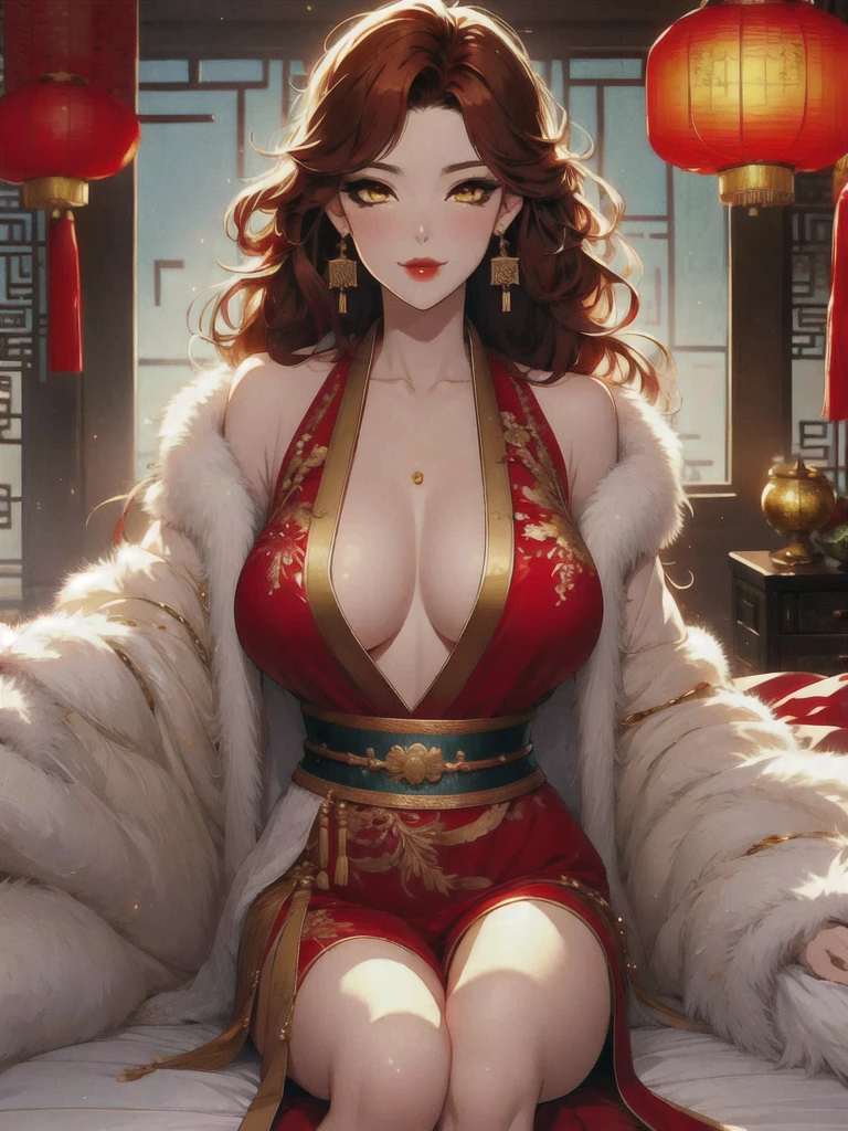 UHD, Textured Skin, High Detail, Anatomically Correct, SOLO, 1 Female, Xian mei, Custom Gold Eyes, Long Red Curly Hair, Jewelry, Round, Big Breasts, Perfect Anatomy, Traditional Chinese Room, Nudity, Nudity, Sexy, Hot, stars at night,