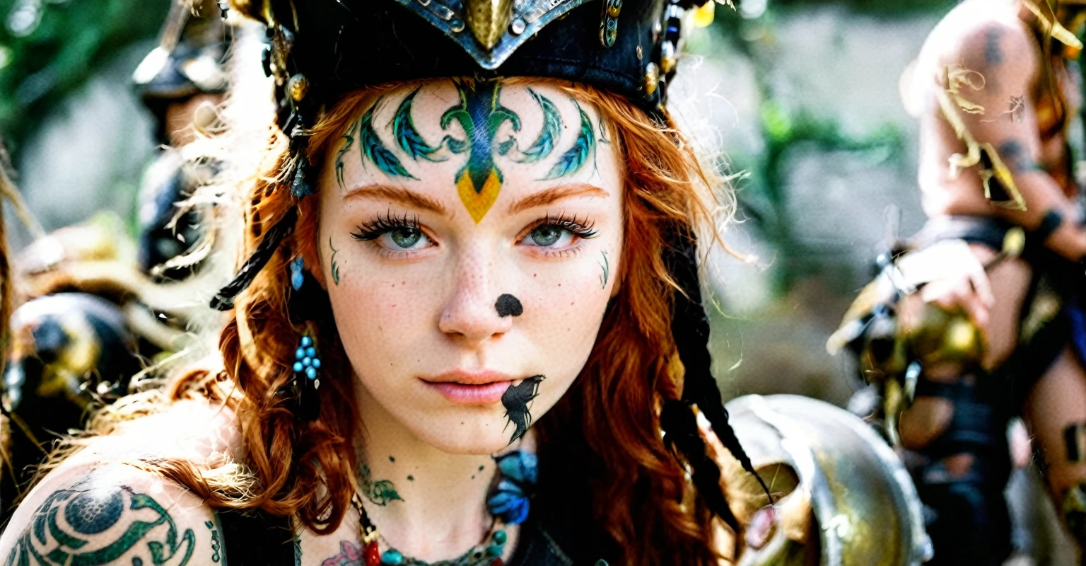 (best quality,highres,ultra-detailed), close-up, 19 year old long haired ginger woman, hair is tightly braided and kept under a ceremonial warriors helmet, tattooed, detailed facial tattoos, shirtless, muscular, fully tattooed body, magical ritual, magical symbols, black magic, model is dusty, dark ambiance, intense lighting, mysterious atmosphere, tribal, powerful, supernatural, mystical, enchanted, griffin symbols, spiritual connection, ritualistic movements, mesmerizing, captivating, intense gaze, confident expression, dominant presence, dark color palette, contrast, dramatic shadows, intricate details, surreal, otherworldly, ethereal, magical energy, intense emotions, powerful aura, mystical transformation, evocative, haunting, immersive composition, arri alexa 65 anamorphic 2.4-1,