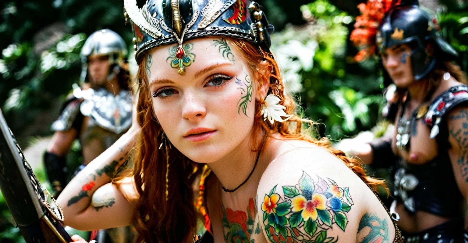 (best quality,highres,ultra-detailed), close-up, 19 year old long haired ginger woman, hair is tightly braided and kept under a ceremonial warriors helmet, tattooed, detailed facial tattoos, shirtless, muscular, fully tattooed body, magical ritual, magical symbols, black magic, model is dusty, dark ambiance, intense lighting, mysterious atmosphere, tribal, powerful, supernatural, mystical, enchanted, griffin symbols, spiritual connection, ritualistic movements, mesmerizing, captivating, intense gaze, confident expression, dominant presence, dark color palette, contrast, dramatic shadows, intricate details, surreal, otherworldly, ethereal, magical energy, intense emotions, powerful aura, mystical transformation, evocative, haunting, immersive composition, arri alexa 65 anamorphic 2.4-1, 