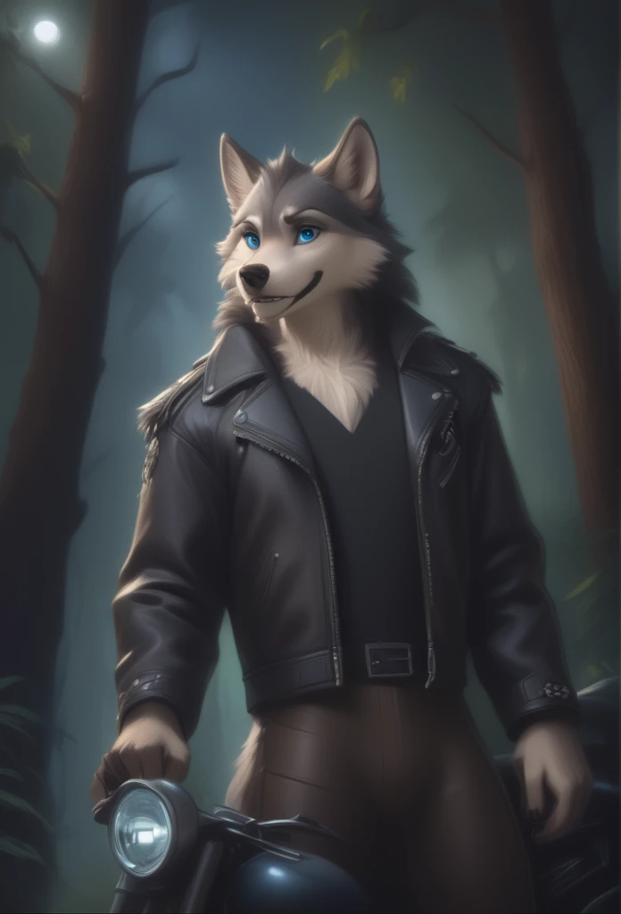 detailed illustration, dynamic angle, ultra-detailed, illustration, 1boy, leather jacked, wolf, silver wolfkin, blue eyes, standing in woods, disney style, happy, cartoon, leaning on a motorcycle, night