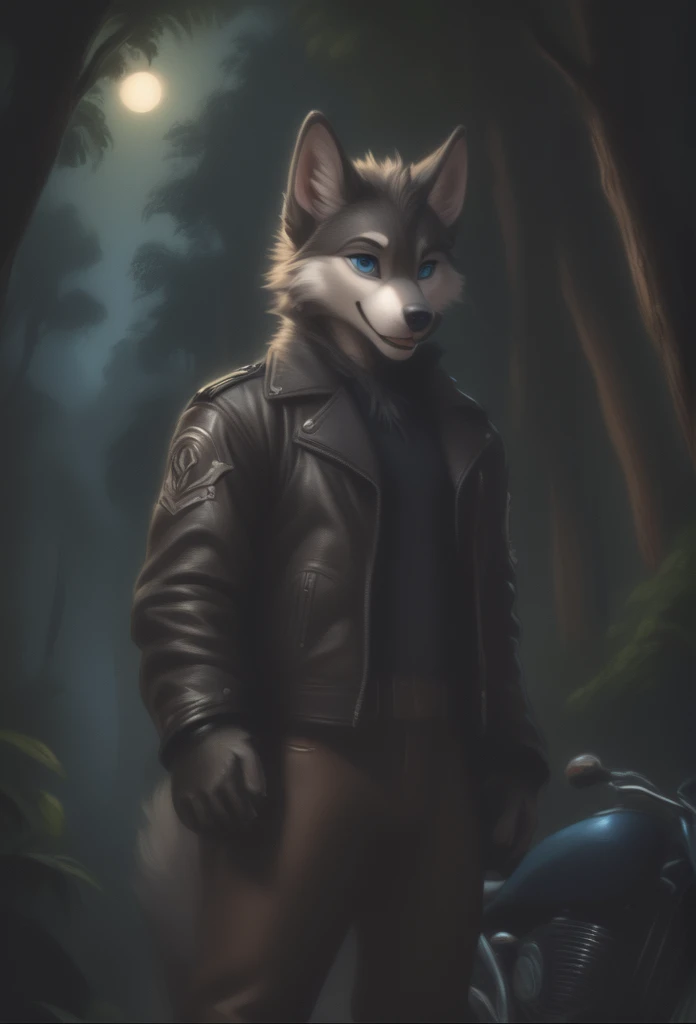 detailed illustration, dynamic angle, ultra-detailed, illustration, 1boy, leather jacked, wolf, silver wolfkin, blue eyes, standing in woods, disney style, happy, cartoon, leaning on a motorcycle, night