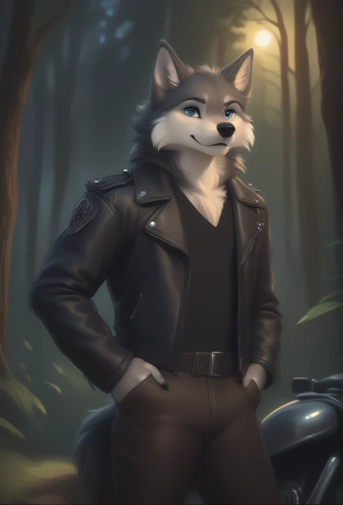detailed illustration, dynamic angle, ultra-detailed, illustration, 1boy, leather jacked, wolf, silver wolfkin, blue eyes, standing in woods, disney style, happy, cartoon, leaning on a motorcycle, night