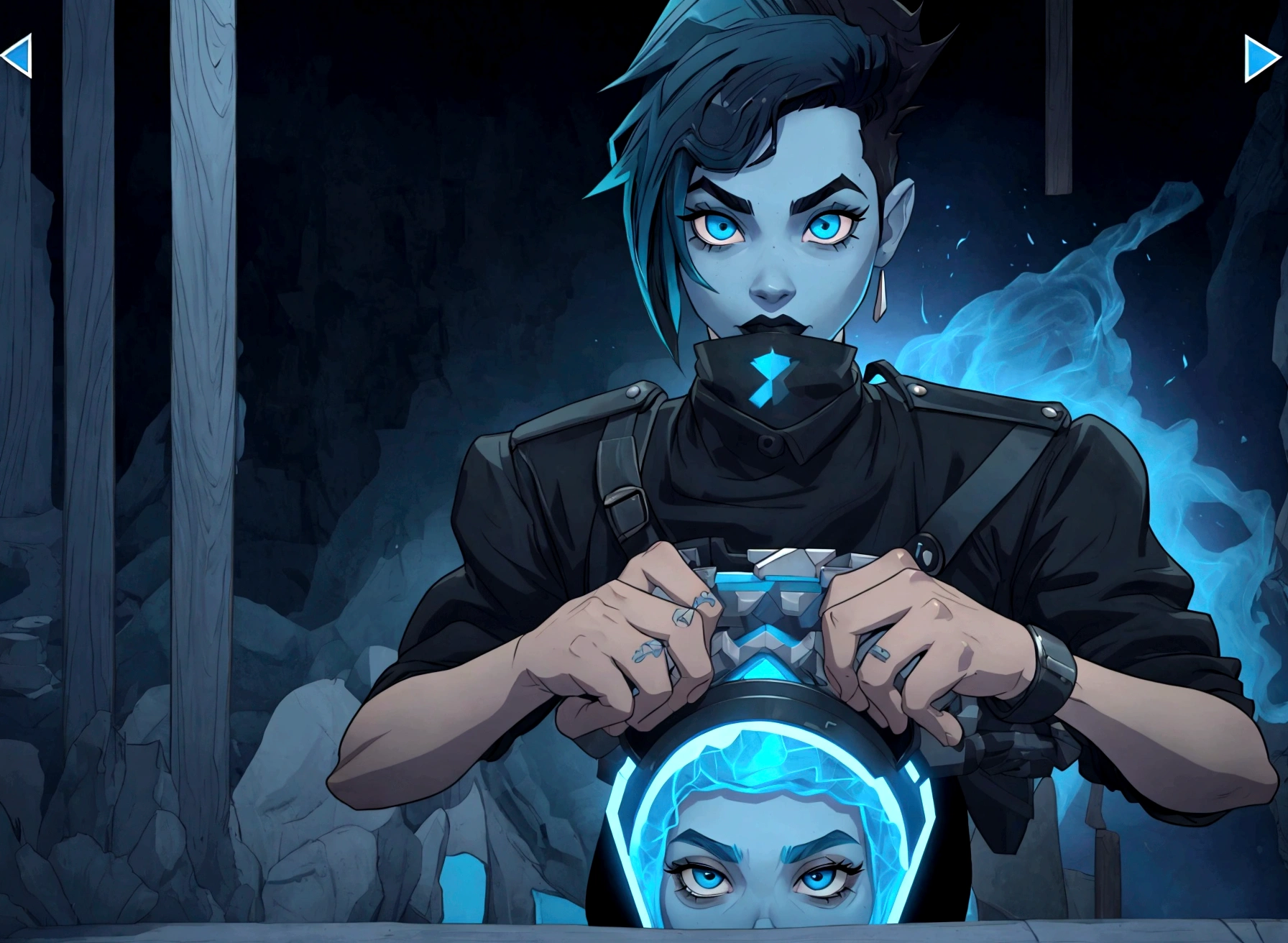 A black teenager with blue hair on the sides and black on top, eyes with light blue and dark blue heterochromia, wearing a black shirt, playing video game 