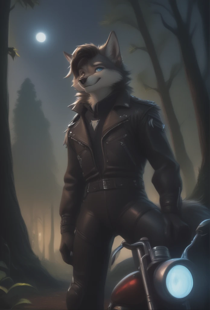 detailed illustration, dynamic angle, ultra-detailed, illustration, 1boy, leather jacked, wolf, silver wolfkin, blue eyes, standing in woods, disney style, happy, cartoon, leaning on a motorcycle, night