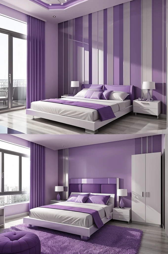 Modern futurist large bedroom, purple, lilac and white colors, without windows and with silver details 