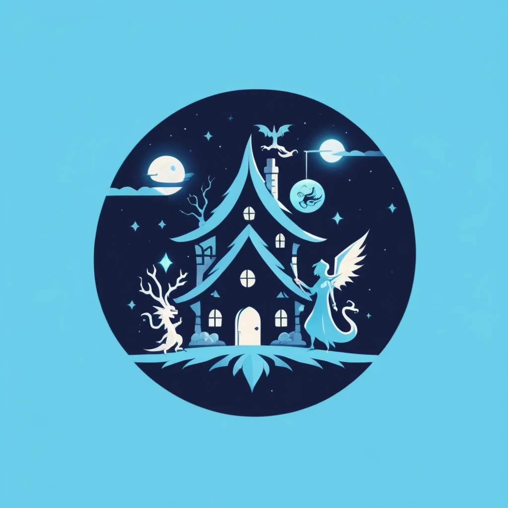 A logo with a family house full of magic with a dragon and some minimalist witches, Dark blue, light blue and turquoise.