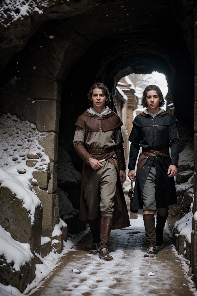 Create an image of two young people, a boy and a , in renaissance style. They are entering a cave, wearing detailed renaissance costumes. The expression on their faces should be one of curiosity and determination. Use the chiaroscuro technique for a dramatic contrast between light and shadow. The landscape around the cave is covered in snow, with snowy trees and rocks, and a cool, natural color palette. Maintain a mystical and solemn atmosphere.