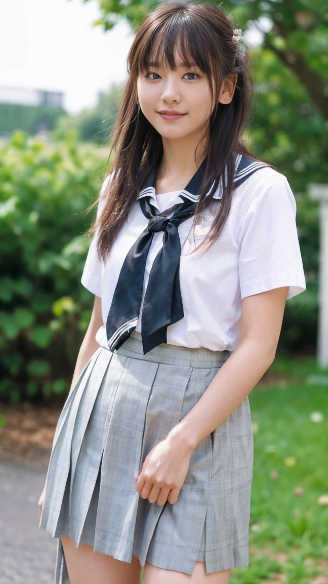 ((((detailed explanation)))),(((masterpiece、Highest quality、Very detailed:1.42、Focus on the eyes)))、Japanese high school girl posing in the schoolyard in the evening。She is wearing a white shirt and a navy blue pleated skirt.、wearing a red ribbon tie。The shirt is clean、Well ironed。Shirt sleeves rolled up slightly to the elbows、A simple silver bracelet shines on her wrist.。The skirt of the uniform is above the knee、The pleats on the skirt are neatly arranged。
The model has naturally straight, shoulder-length black hair.、Bangs should be slightly over the eyebrows。Her hair is bathed in the sunlight、Soft and shining。His face is well-formed.、大きな瞳はShe has a pure and bright expression.。Her skin is translucently white、The slightly reddish cheeks give a healthy impression.。唇は自然なpink色で、When you smile, small dimples appear。
In the background is a large schoolyard.、You can see some rusty iron bars and playground equipment.。The sky is dyed with the sunset、orange、pink、The purple gradation spreads beautifully.。There is a large cherry blossom tree behind the model.、The leaves are swaying in the wind。There are some weeds growing at my feet.、Gives a sense of reality。
The lighting is soft and natural, gently enveloping the model.、Warm hues illuminate her face and uniform.。She has a natural smile、Her left hand is lightly lifting the edge of her skirt。The right hand is placed on the hip、The pose is relaxed yet somewhat confident.。Her eyes are on the camera、She has a pure and bright expression.。
Overall、A fusion of the freshness of youth and the calm atmosphere of the evening.、The aim is to create an elegant yet approachable photographic image.。