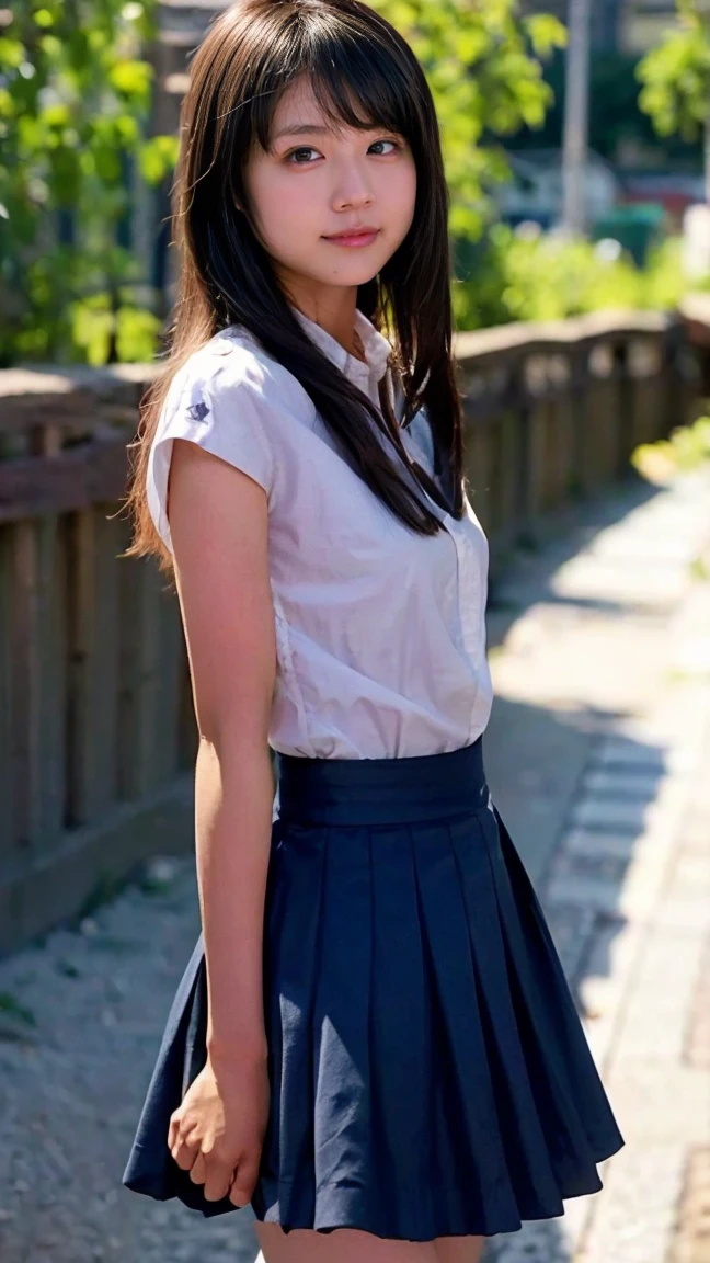 ((((detailed explanation)))),(((masterpiece、Highest quality、Very detailed:1.42、Focus on the eyes)))、Japanese high school girl posing in the schoolyard in the evening。She is wearing a white shirt and a navy blue pleated skirt.、wearing a red ribbon tie。The shirt is clean、Well ironed。Shirt sleeves rolled up slightly to the elbows、A simple silver bracelet shines on her wrist.。The skirt of the uniform is above the knee、The pleats on the skirt are neatly arranged。
The model has naturally straight, shoulder-length black hair.、Bangs should be slightly over the eyebrows。Her hair is bathed in the sunlight、Soft and shining。His face is well-formed.、大きな瞳はShe has a pure and bright expression.。Her skin is translucently white、The slightly reddish cheeks give a healthy impression.。唇は自然なpink色で、When you smile, small dimples appear。
In the background is a large schoolyard.、You can see some rusty iron bars and playground equipment.。The sky is dyed with the sunset、orange、pink、The purple gradation spreads beautifully.。There is a large cherry blossom tree behind the model.、The leaves are swaying in the wind。There are some weeds growing at my feet.、Gives a sense of reality。
The lighting is soft and natural, gently enveloping the model.、Warm hues illuminate her face and uniform.。She has a natural smile、Her left hand is lightly lifting the edge of her skirt。The right hand is placed on the hip、The pose is relaxed yet somewhat confident.。Her eyes are on the camera、She has a pure and bright expression.。
Overall、A fusion of the freshness of youth and the calm atmosphere of the evening.、The aim is to create an elegant yet approachable photographic image.。