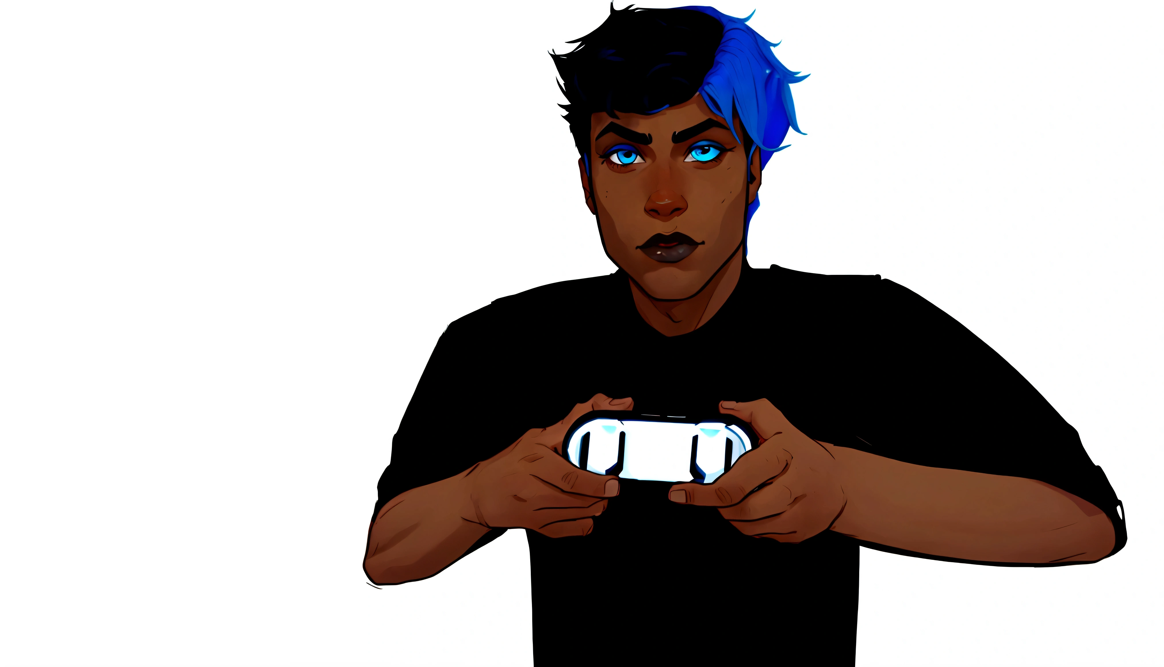 A black ager with blue hair on the sides and black on top, eyes with light blue and dark blue heterochromia, wearing a black shirt, playing video game