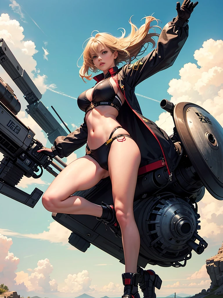 Female general in mecha, one female, Kicking the neck, wearing a full bathing suit, kicking the chest high in the sky behind the , kicking the side.