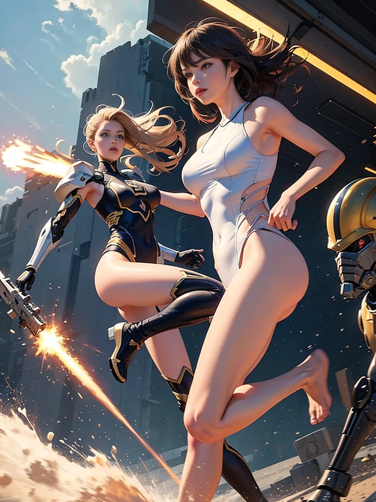 Female general in mecha, one female, Kicking the neck, wearing a full bathing suit, kicking the chest high in the sky behind the , kicking the side.