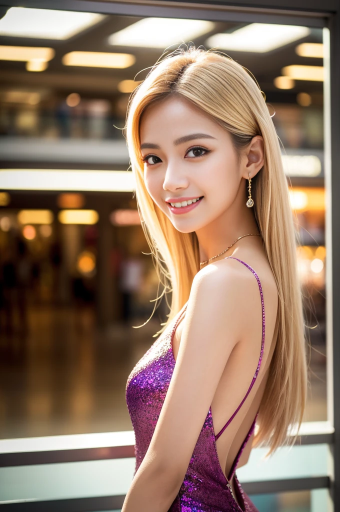 (best quality, 4k ,8k, highres, masterpiece:1.2), ultra-detailed, (realistic, photorealistic, photo-realistic:1.37), closeup, beautiful Thai woman, (slim girl), (happy smile), long lashes, beautiful makeup, platinum blonde hair, fair skin, slender figure, elegant posture, wearing large sparkling colorful jewelery, wearing a business style leather dress, standing in a large shopping mall, gentle sunlight shining through the shopping mall windows, casting a soft glow on her face, adding warmth to the scene, vibrant colors, capturing the essence of vibrant city life, portrait style, showcasing her natural beauty and grace in a feminine way