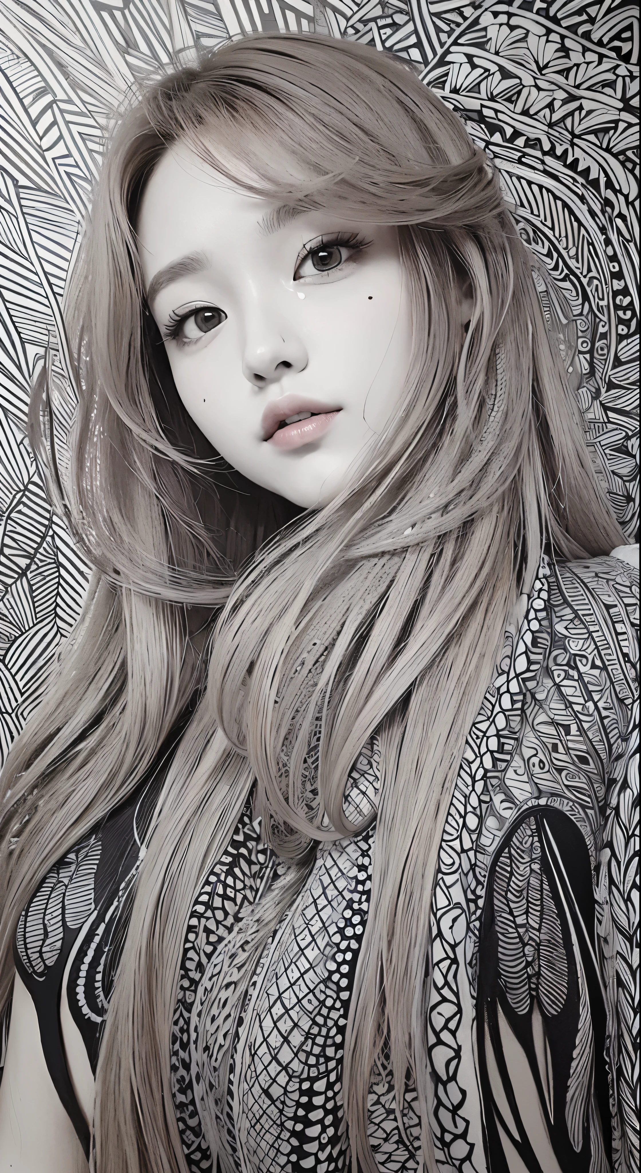 ((masterpiece:1.2、Highest quality))、Super fine、Ultra-precision description、Super fineDescription、(zentangle:1.2)、(Dynamic Pose)、(Abstract background:1.5)、Long Hair、Chestnut Hair、1girl、colorful、Portrait、(From below:1.2)
