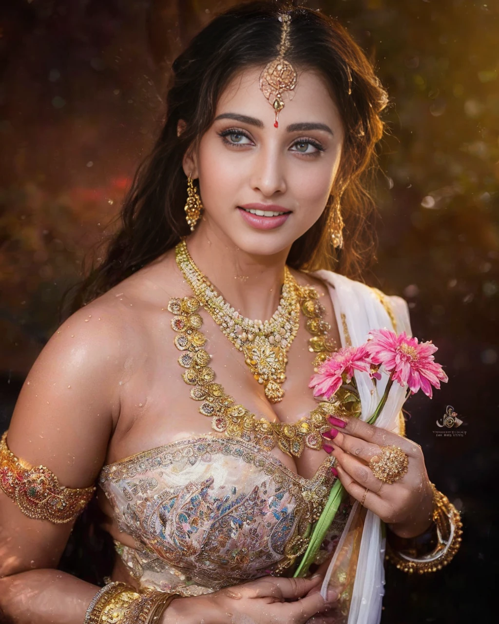 portrait, boy,woman, ((princess pose)) ,very very big breast, soft nylon sexy saree , multicolour ,flower design modern light saree,  colorful, flower armor,  good anatomy,  best quality,  (((masterpiece))),  high quality,  realist,  best detailed,  details,  realist skin,  skin detailed,  underboobs,  beautiful  posing under a fairy tale of exotic magic,lehenga choli, girl immersed in water , soaked saree, meadows background 