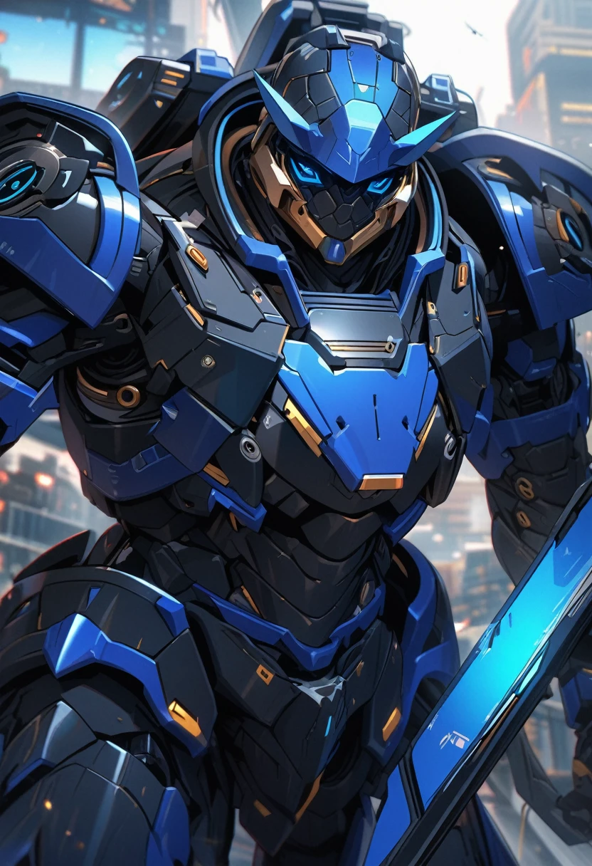 an extremely detailed 4k turtle like black & blue simple armor with a high tech revolvers
