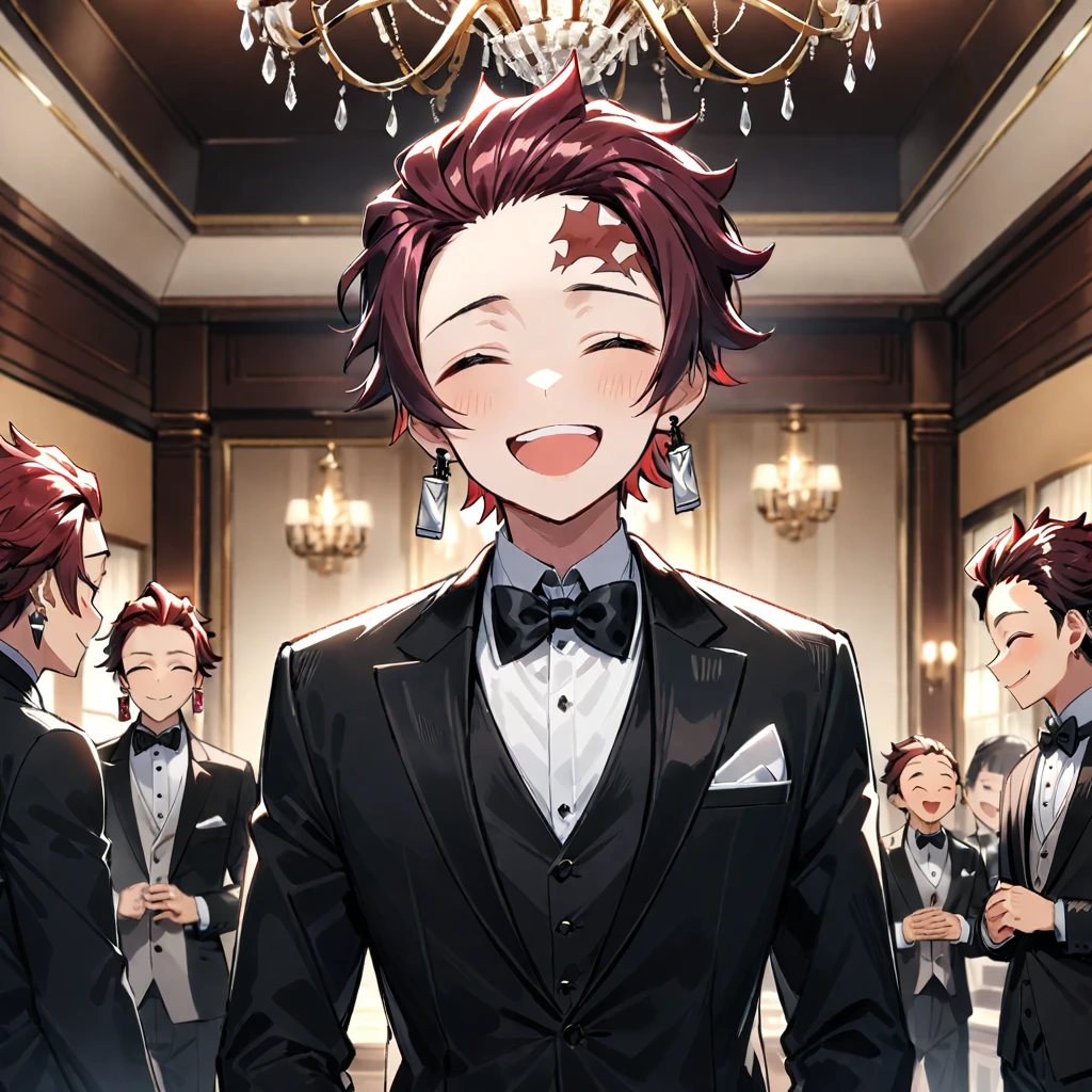 kamado tanjirou, jewelry, male focus, earrings, solo focus, bowtie, closed eyes, scar, smile, bow, scar on face, open mouth, multiple boys, red hair, upper body, black bow, formal, black bowtie, chandelier, indoors, white shirt, ^ ^, suit, scar on forehead, shirt, facing viewer, black jacket, short hair, tuxedo, ((medium quality)), ((medium quality))