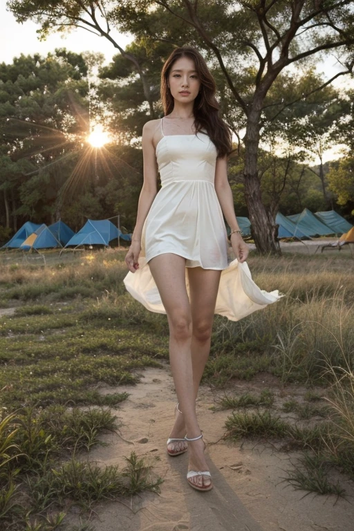 at sunset,parched,A woman is walking out of the tent,beauty,Long slender legs