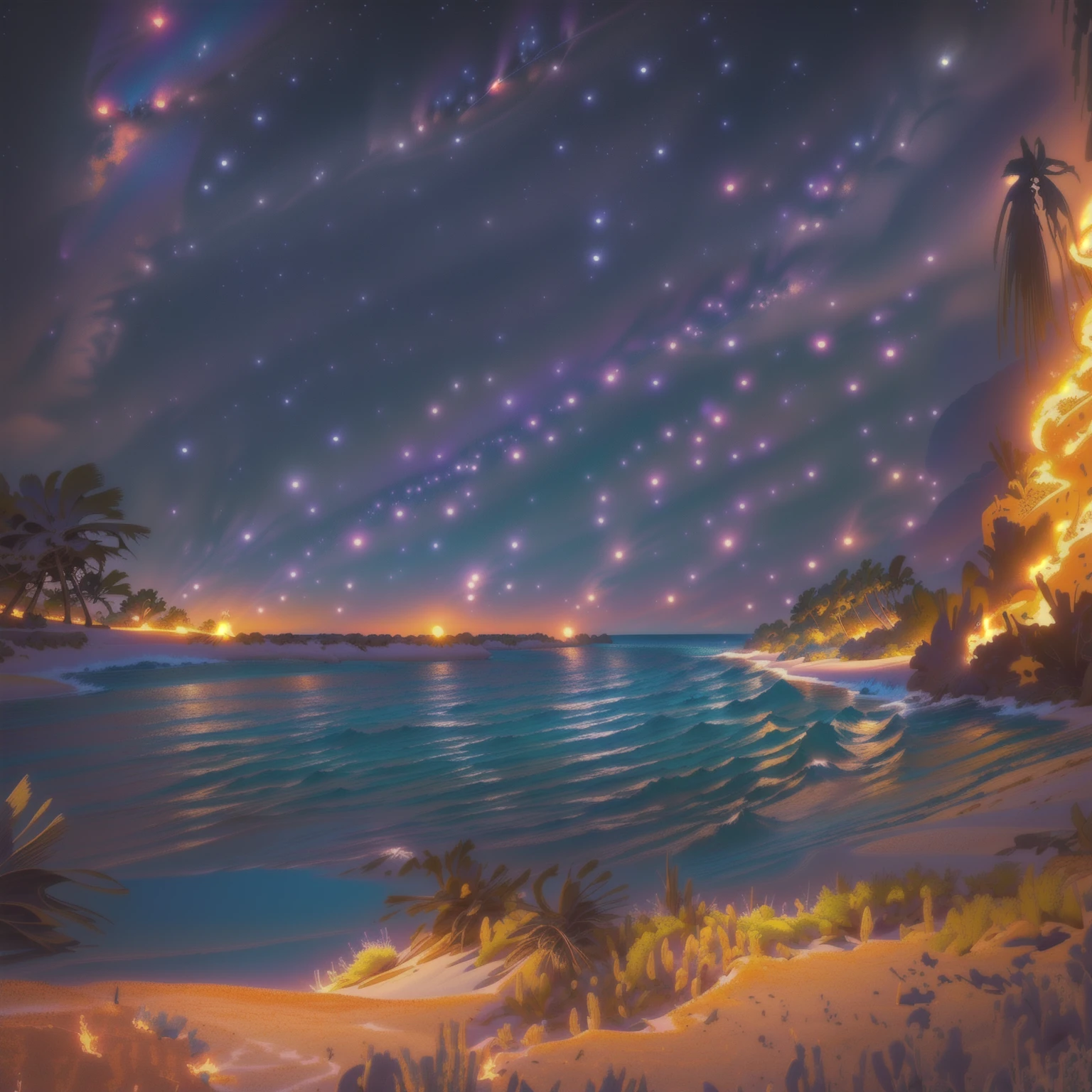 there is a picture of a painting of a beach with lava ground/ sand.  landscape, hot and sunny highly-detailed, background artwork, desert oasis background, magical beach, island background, sea reflects night stars, tropical island, warm beautiful scene, background is heavenly, stylized digital illustration, sand is on fire on red spots.