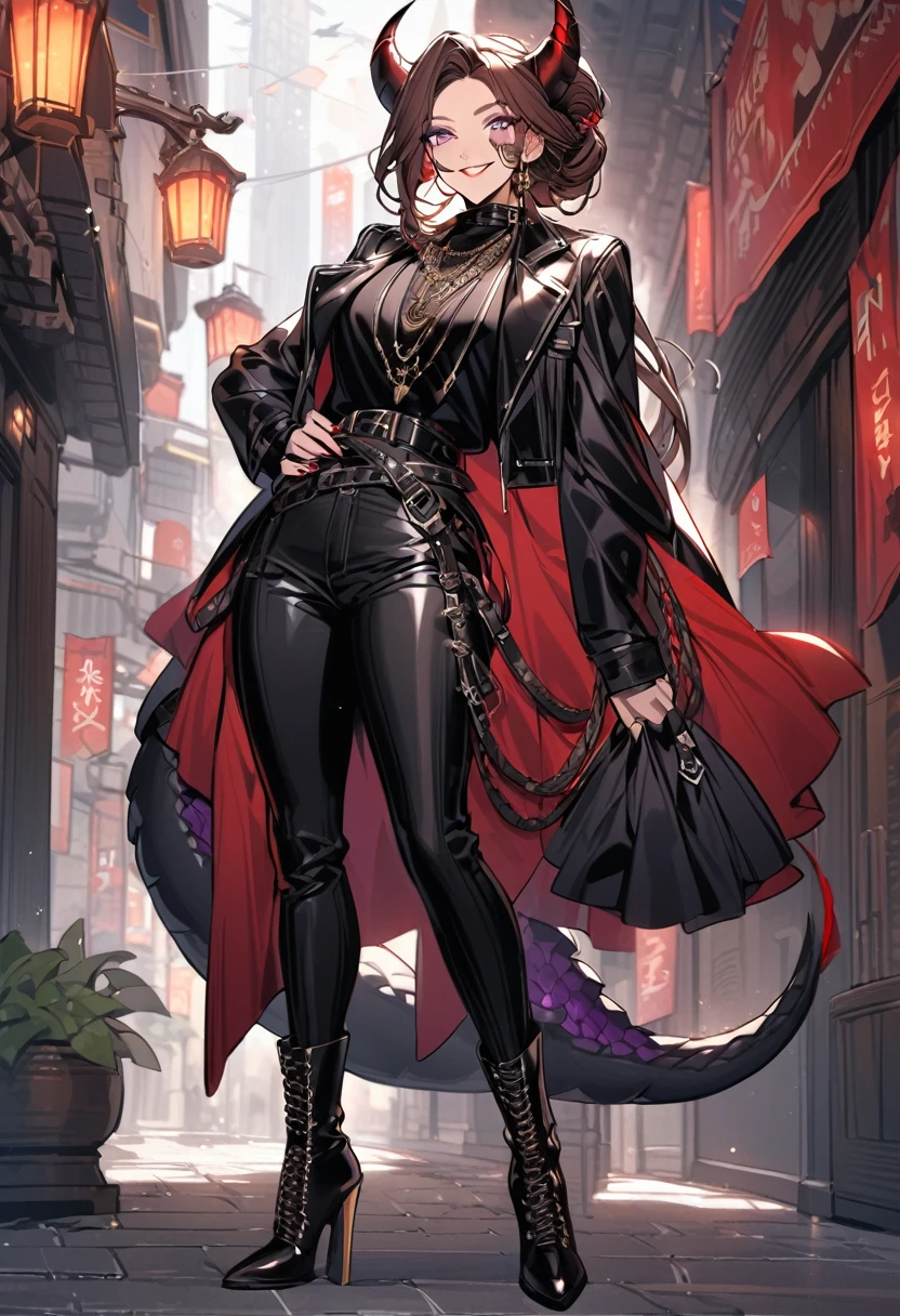 Tall woman, cheeky smile, brunette, hair gathered in a low bun, strands on the sides of face, red and black clothes with open chest, deep necklace, purple eyes, dragon tail and horns, belts, pants, light lipstick, high heels leather boots
