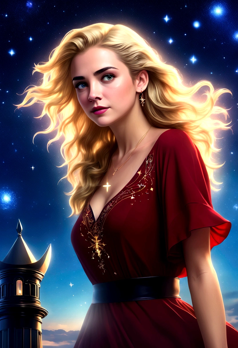 a portrait of an astrologer looking to the sky at libra constellation in the night sky, an extraordinary beautiful woman, there is magic in her eyes divining the future from the Libra constellation, blond hair, dynamic hair style, wearing an intricate dark red dress decorated with glowing stars, she looks to the night sky seeing the ((Libra constellation in the sky: 1.5)), vibrant, Ultra-high resolution, High Contrast, (masterpiece:1.5), highest quality, Best aesthetics), best details, best quality, highres, 16k, [ultra detailed], masterpiece, best quality, (extremely detailed), Cinematic Hollywood Film, magical sky, FireMagicAI, dark novel