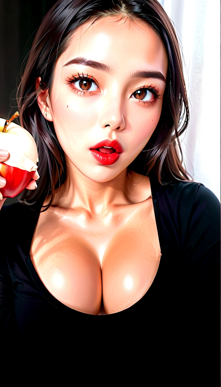 there is a woman with a labios rojostick holding a red apple, pintura digital sensual, pintura digital brillante, piel brillante, deep labios rojos, thick labios rojos, dark labios rojos, big labios rojos, sexy labios rojos, labios rojos, [ arte digital 4k ]!!, estilo artístico realista, light-labios rojos, expresión sensual, labios brillantes