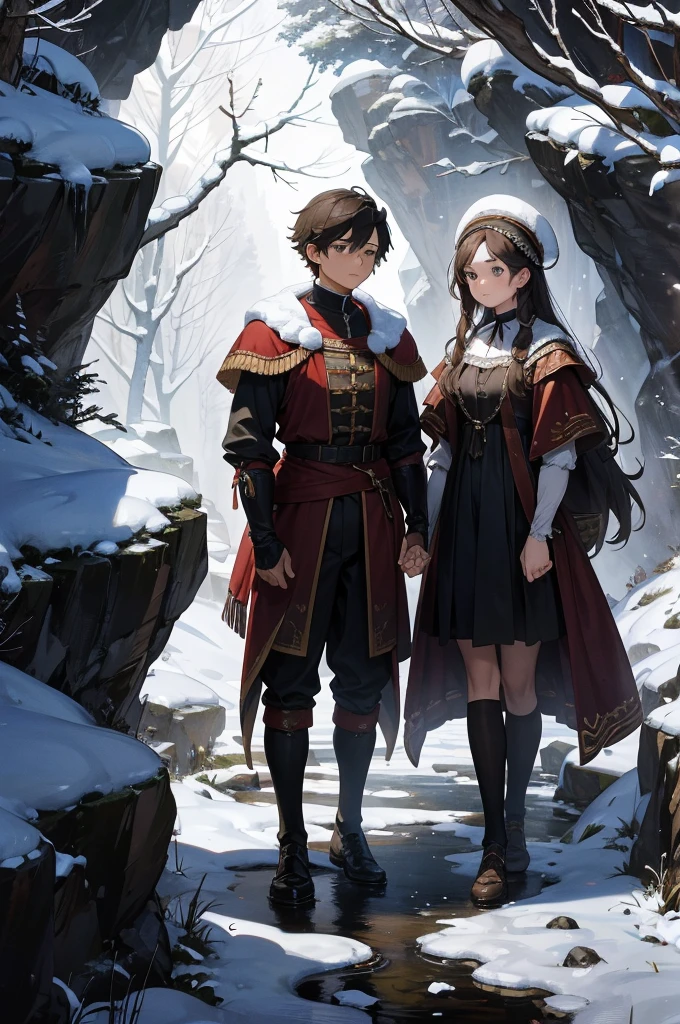 two young people in the distance, a boy and a , in renaissance style. They are entering a cave, wearing detailed renaissance costumes. The expression on their faces should be one of curiosity and determination. Use the chiaroscuro technique for a dramatic contrast between light and shadow. The landscape around the cave is covered in snow, with snowy trees and rocks, and a cool, natural color palette. Maintain a mystical and solemn atmosphere.
