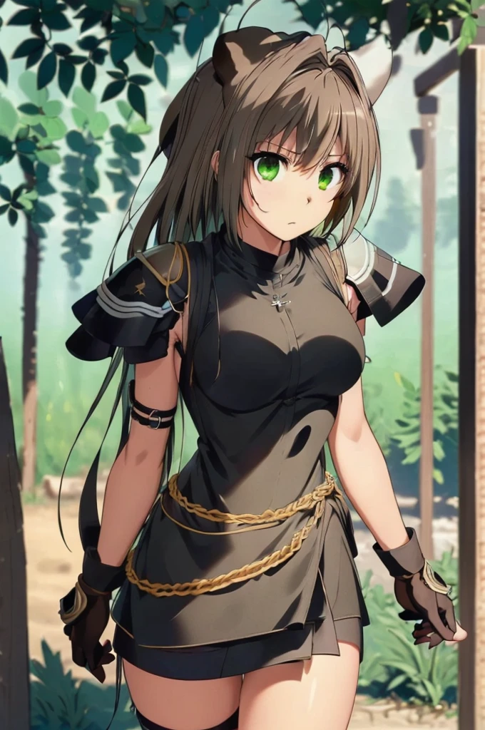 teodoradefilo, teodora defilo, wide, black fur, hair between the eyes, very wide, (green eyes:1.3), break gloves, black gloves, belt, Gloves without fingers, armor, shoulder armor, breastplate, REST outdoors, REST looking at the viewer, (cowboy shot:1.5), BREAK (Masterpiece:1.2), Best Quality, high resolution, unity wallpaper 8k, (illustration:0.8), (Beautiful detailed eyes:1.6), extremely detailed face, perfect lighting, Extremely detailed CG, (perfect hands, perfect anatomy),
