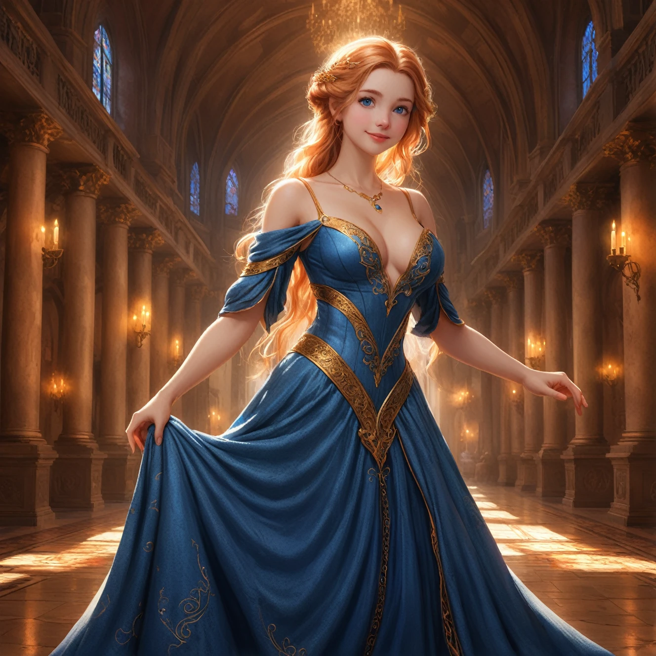In the center of the grand hall was a stunning and magical lady. Whether woman, elf, or fairy. Her skin miraculously seemed to be sculped from granite. Her hair shone and had the appeaance of of woven copper. She had a grand figure. Curvy with a long dress. With eyes of dark blue. s lips, a wide smile, and bright, expressive eyes, exuding beauty, cuteness, and adorableness. Ensure the image is high resolution and sharply detailed, with a detailed and vibrant background. incorporate mystical lighting in the background, creating a romantic and enchanting atmospher