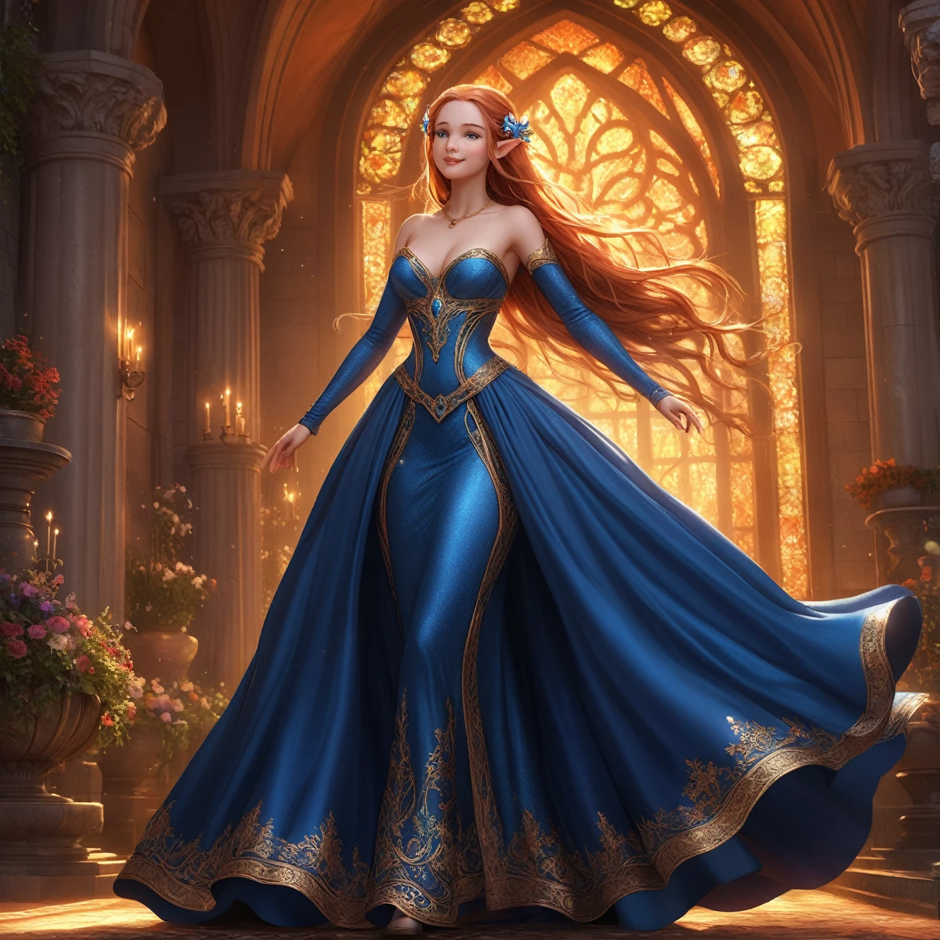 In the center of the grand hall was a stunning and magical lady. Whether woman, elf, or fairy. Her skin miraculously seemed to be sculped from granite. Her hair shone and had the appeaance of of woven copper. She had a grand figure. Curvy with a long dress. With eyes of dark blue. s lips, a wide smile, and bright, expressive eyes, exuding beauty, cuteness, and adorableness. Ensure the image is high resolution and sharply detailed, with a detailed and vibrant background. incorporate mystical lighting in the background, creating a romantic and enchanting atmospher