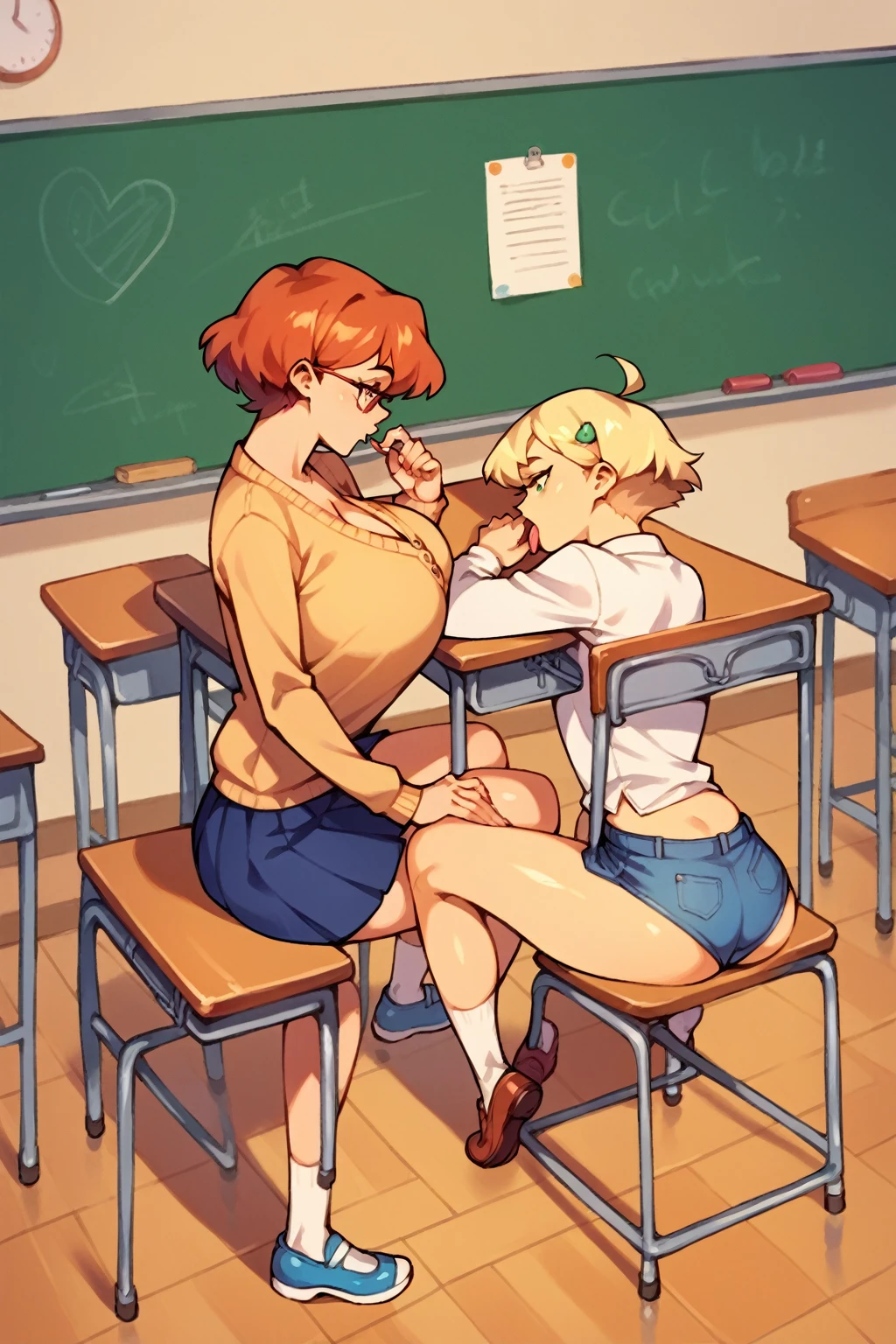 score_9, score_8_up, score_7_up, score_6_up, score_5_up, score_4_up, (source_anime), 2girls, yuri, Classroom, full body, massive breasts, madure woman, teacher, kid , big size difference, Elementary school student, small kid girl, ass hole, oral sex, licking ass, rimjob