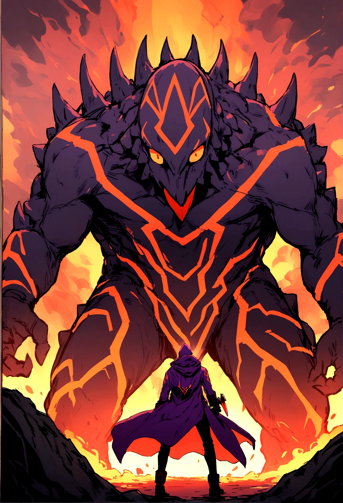 An all powerful being wearing a purple coat with a magma emblem, holding a knife while standing behind his lava monster