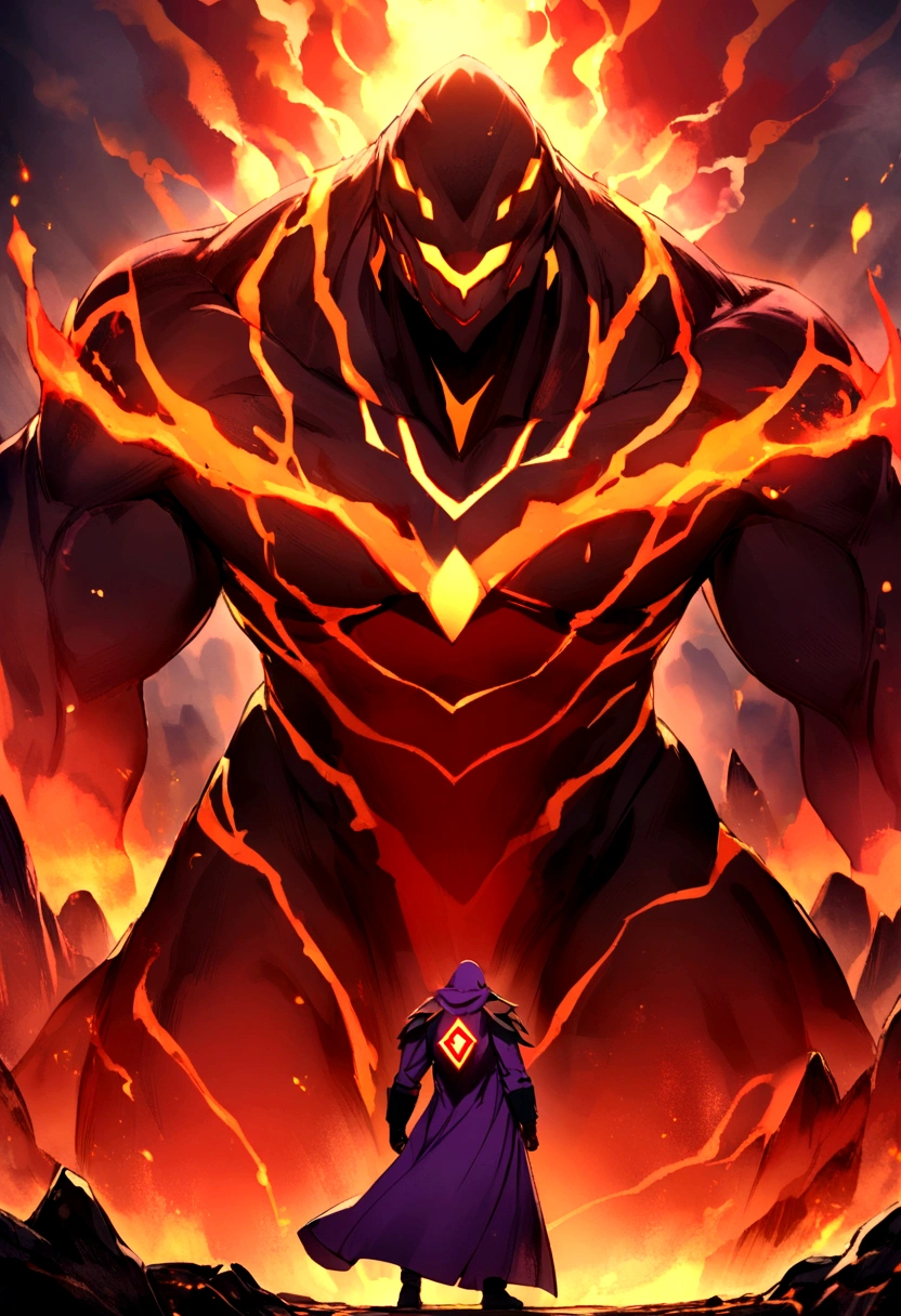 An all powerful being wearing a purple coat with a magma emblem, holding a knife while standing behind his lava monster