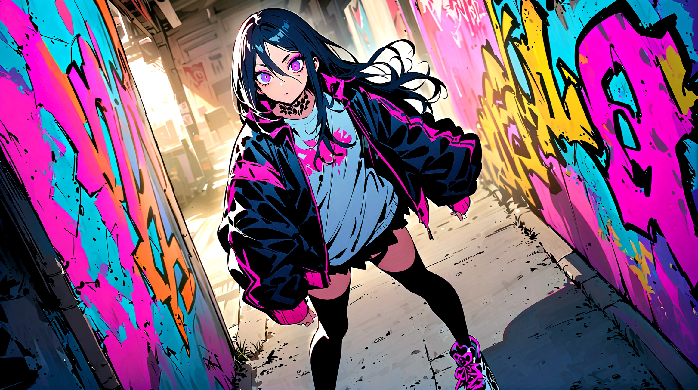 Step Piece, Best Quality, Best Illustration, Ultra-detailed,girl, pinkrose long hair, crazy baddie girl, Cool Black Open Short Jacket, neck tattoo, Messy Fade Cut Hair, Side braided hair,Crazy, standing with an eerie feeling, abandond street graffiti wall background,knee high socks, quirky sneakers, Eyeshadow on the eyes,unusual colored eyes, Eyes of fear, Vivid eyes, cool shot
