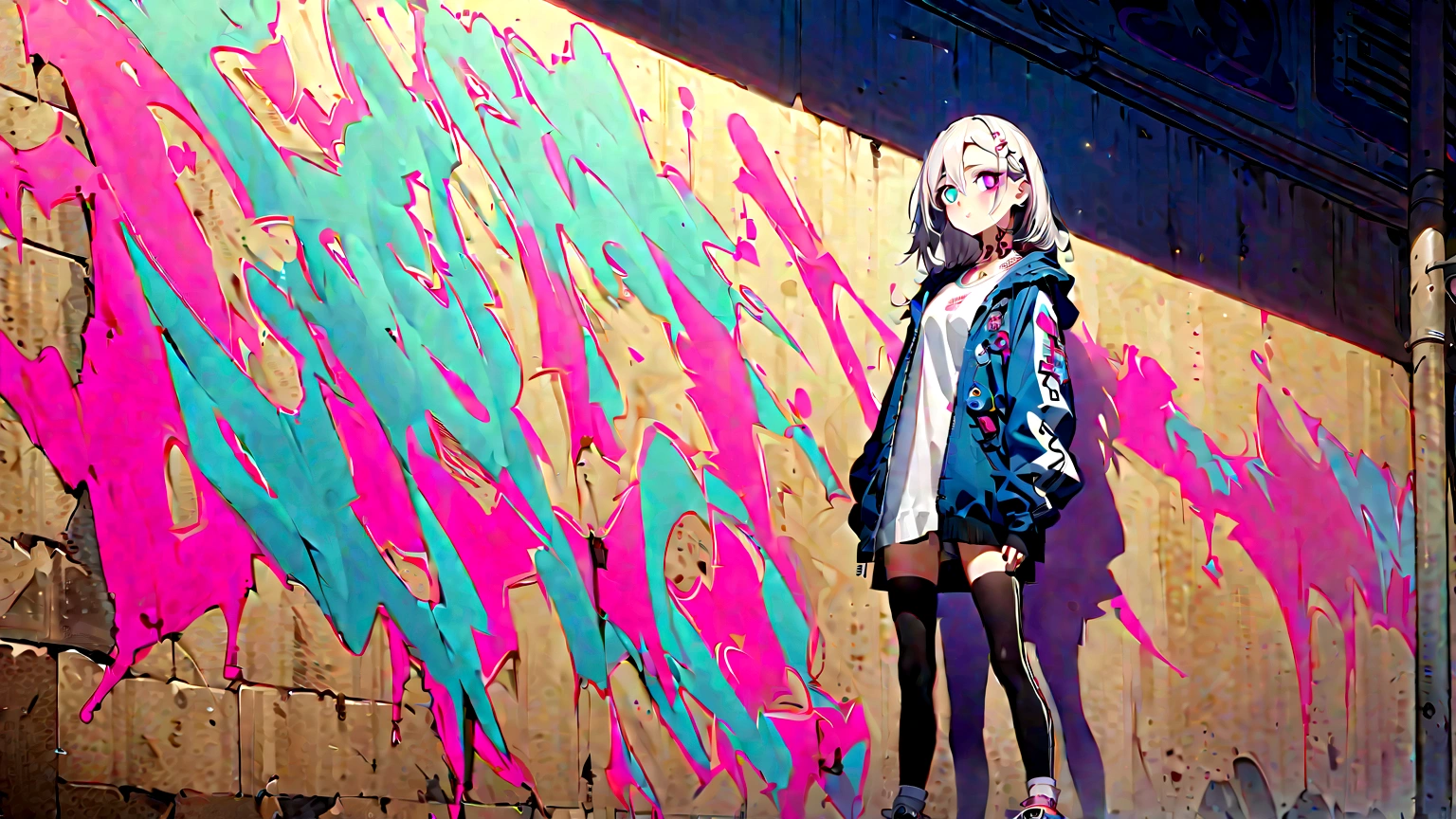 Step Piece, Best Quality, Best Illustration, Ultra-detailed,girl, pinkrose long hair, crazy baddie girl, Cool Black Open Short Jacket, neck tattoo, Messy Fade Cut Hair, Side braided hair,Crazy, standing with an eerie feeling, abandond street graffiti wall background,knee high socks, quirky sneakers, Eyeshadow on the eyes,unusual colored eyes, Eyes of fear, Vivid eyes, cool shot