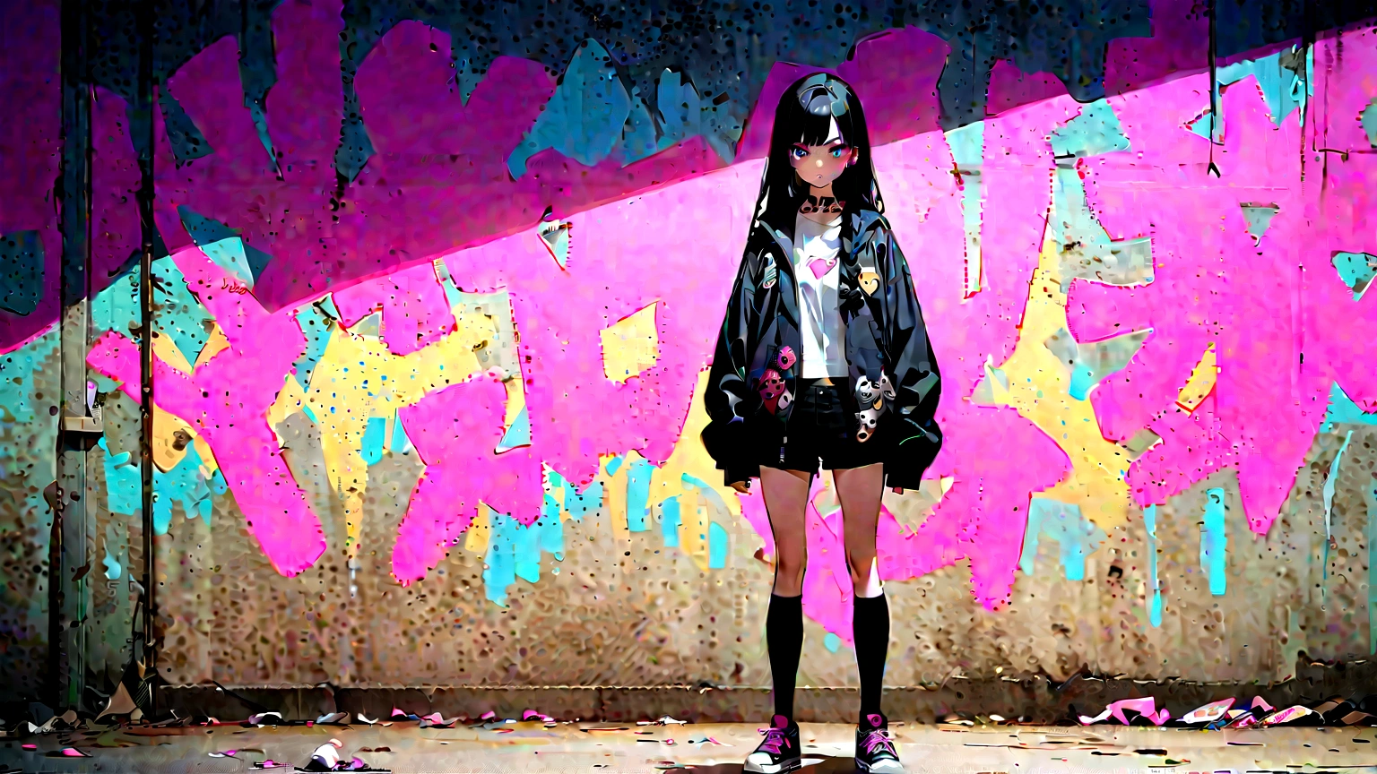 Step Piece, Best Quality, Best Illustration, Ultra-detailed,girl, pinkrose long hair, crazy baddie girl, Cool Black Open Short Jacket, neck tattoo, Messy Fade Cut Hair, Side braided hair,Crazy, standing with an eerie feeling, abandond street graffiti wall background,knee high socks, quirky sneakers, Eyeshadow on the eyes,unusual colored eyes, Eyes of fear, Vivid eyes, cool shot