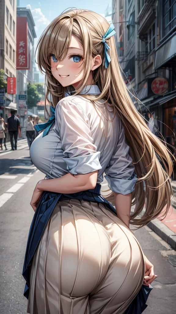 (hot thicc ass) Ichinose Asuna, light brown hair, blue eyes, very long hair, hair over one eyes, halowhite shirt, pleated skirt, blue bowtie, , skinny, slim thick, 8k, at a street, smiling, beautiful face