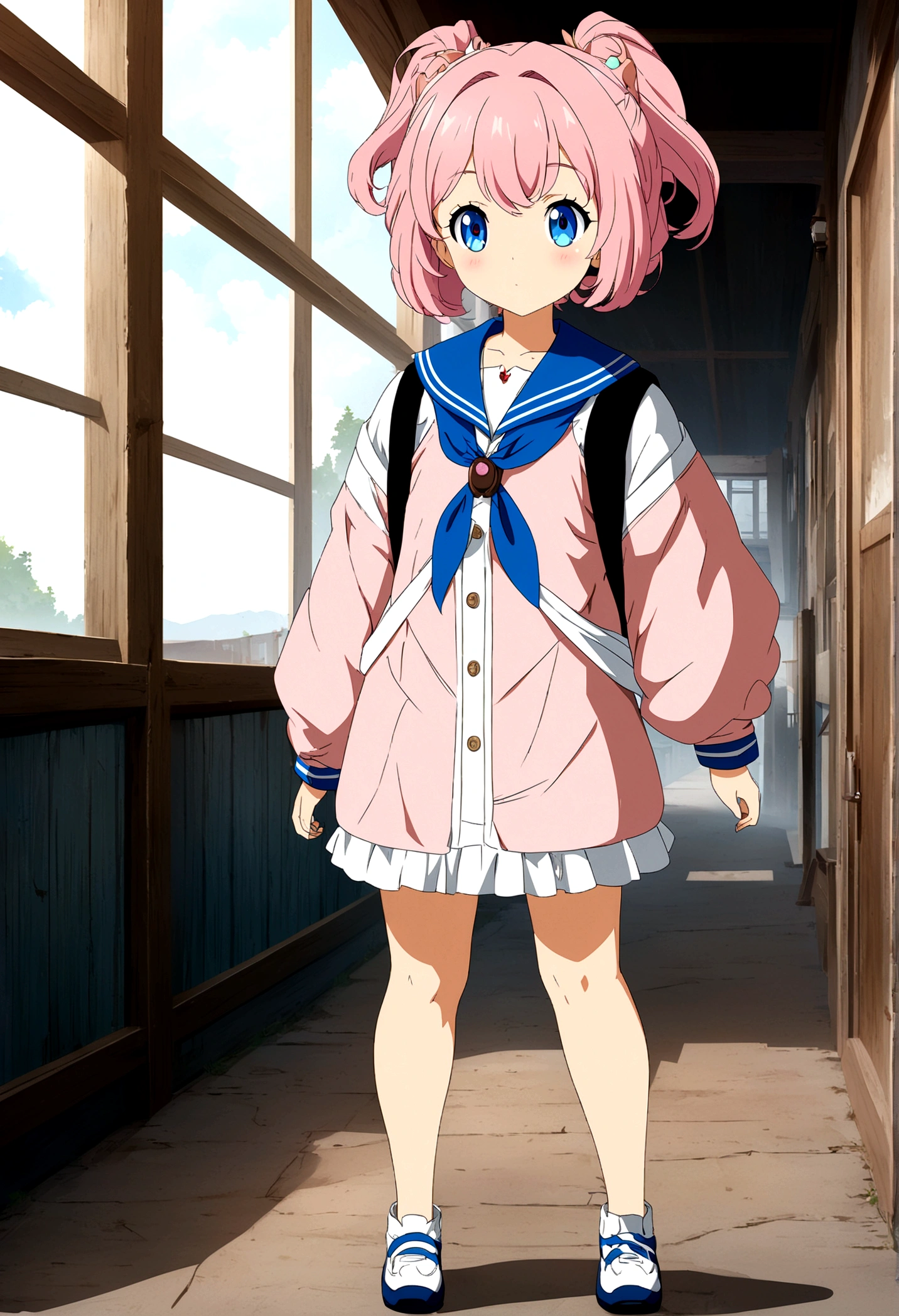 A boy stands outside his house wearing a pink ????? outfit and pink diapers 