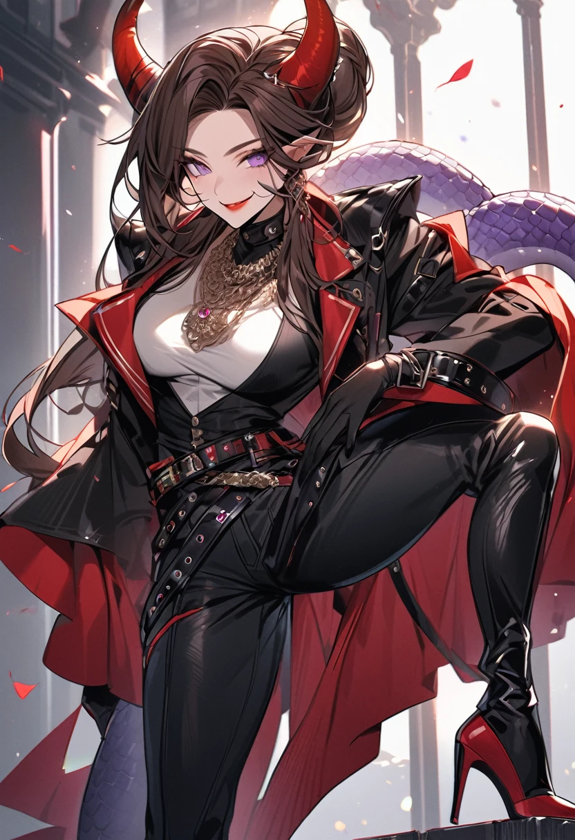 Tall woman, cheeky mad smile, brunette, hair gathered in a low bun, red and black tight clothes with open chest, purple eyes, dragon tail and horns, belts, pants, many details, light lipstick