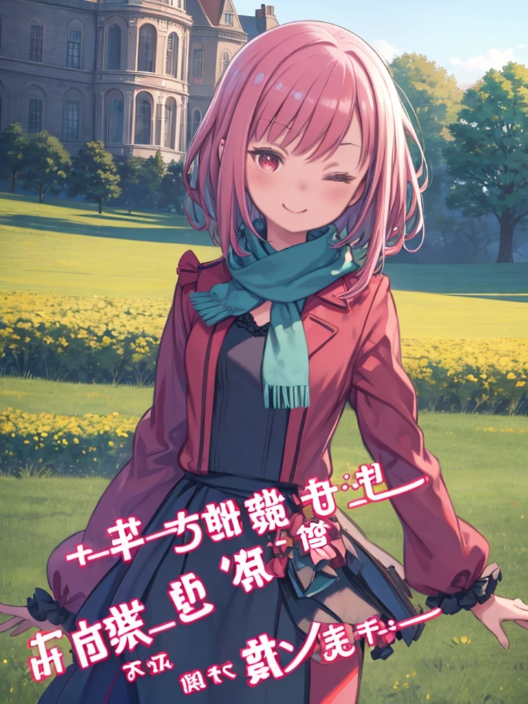 Carmilla, ( Anime screenshots:1.1),Outdoor,Field,(hill:1.6),,blue sky, One girl, Pink Hair, alone, Green scarf, Cowboy Shot,View your viewers, smile, Red eyes, Long sleeve, bangs, Long Hair, Mouth closed, Holding, (Frills:1.1),Long coat, blush, short hair,dress,ribbon,Dutch Angle,