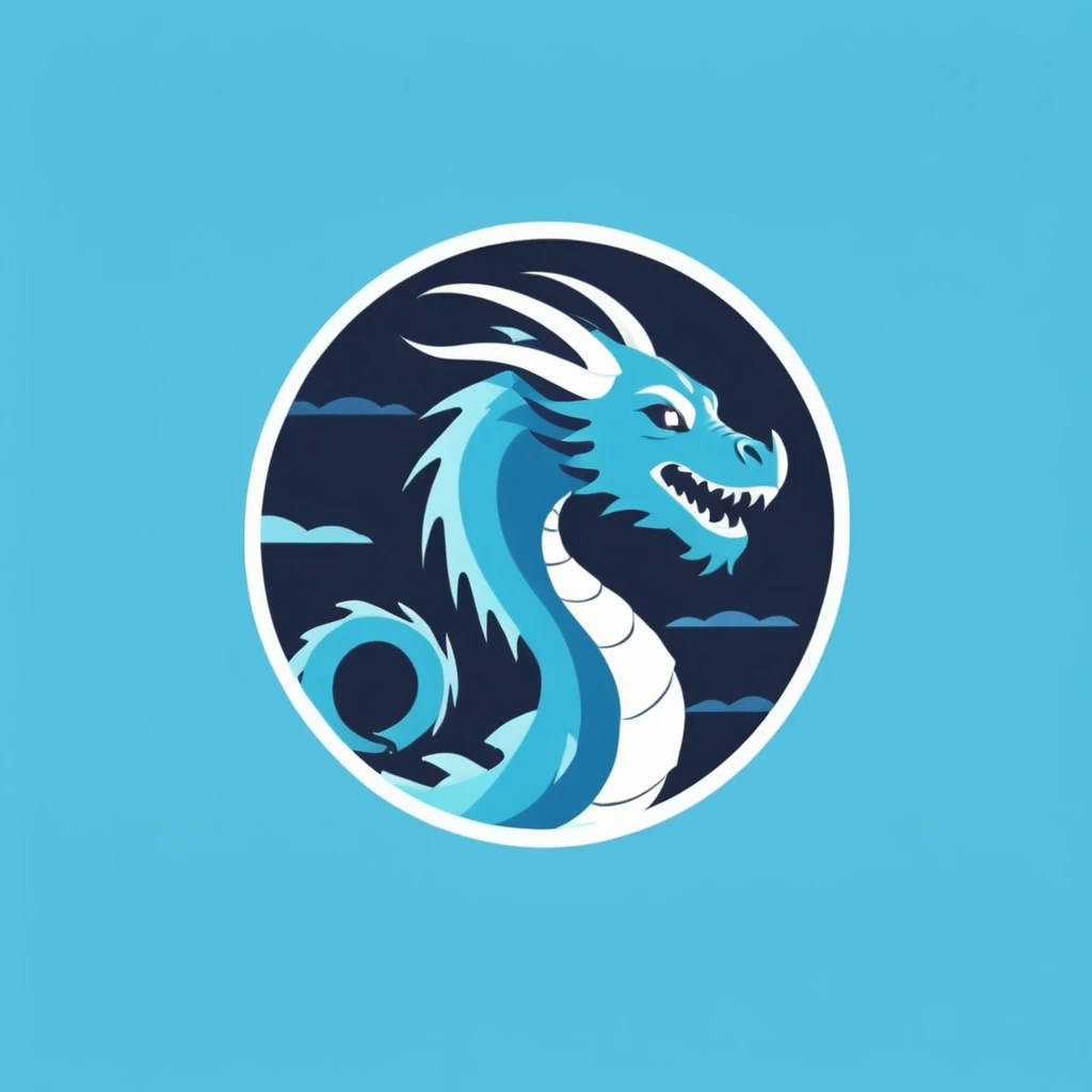 A logo with a dragon and its treasure, minimalist style, Dark blue, light blue and turquoise.