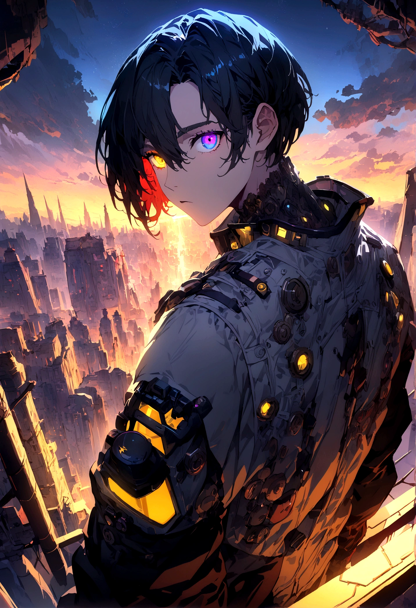(head of&#39;artwork:1.3), (best cinematic quality:1.2), (extremely detailed setting:2), (gentle+artistic lighting), (1boy), short blue hairot, (eyes+yellow+rot:1.4), (multicolorot eyes+heterochromia), porter des vêtements cyberpunk, futurist, technological, paysage de ville avec (robots around)0.4], giving a dramatic landscape.